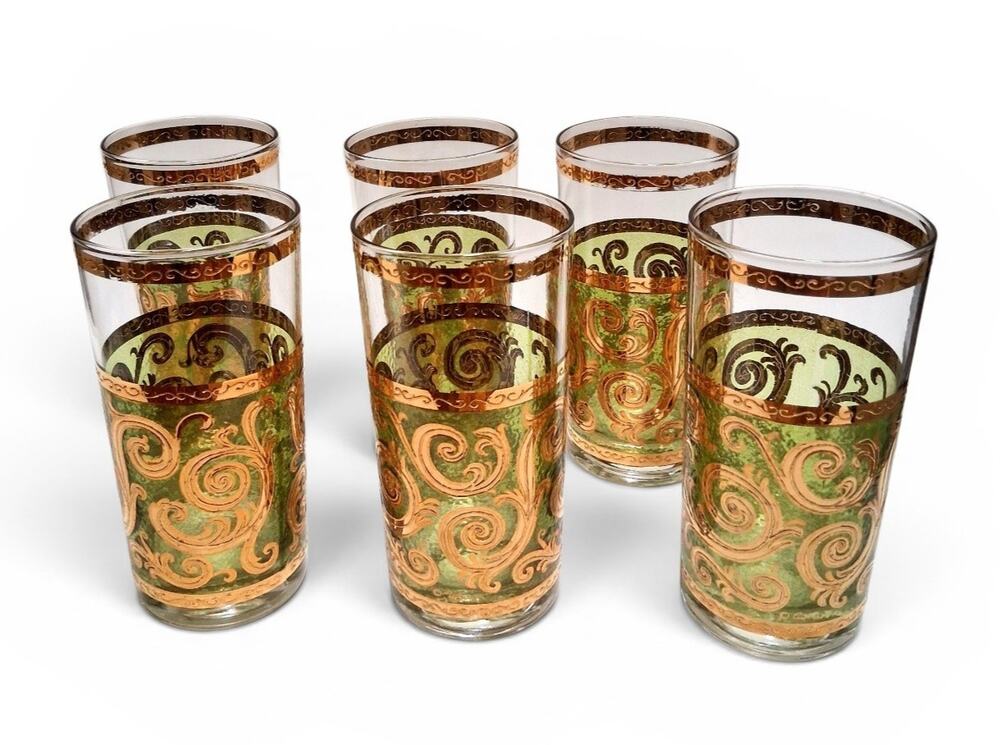 Culver "Toledo" Pattern Highball Glasses 22k Scroll Overlays. Set of 6 MCM